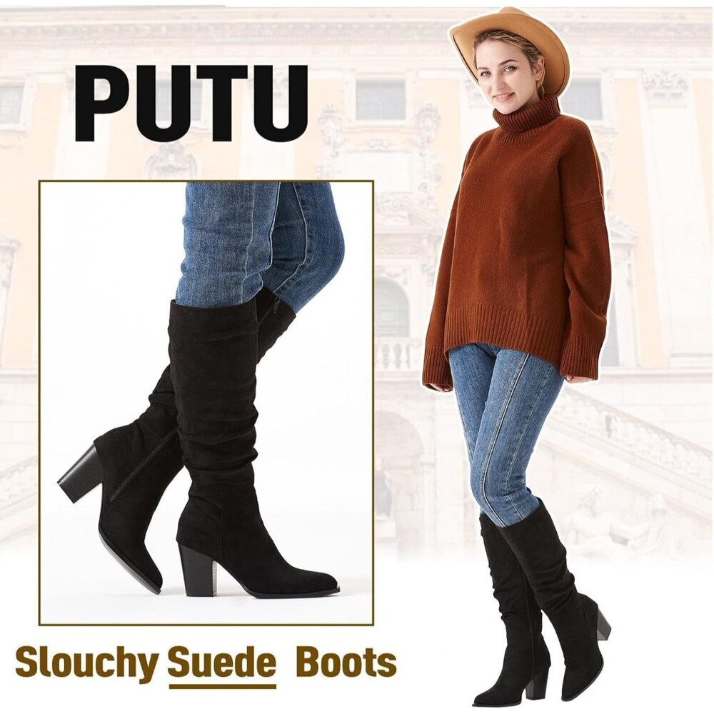 〽️Women's Black Putu Pointed Toe Knee High Faux Suede Slouch Chunky Heel Boots - Picture 3 of 6